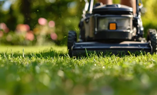 Close-up of man operating lawn mower in suburban garden, highlighting mowing activity and yard upkeep